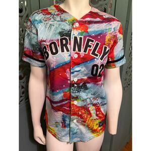 Rare BORN FLY 02 Baseball Design Button Up Shirt S/S-Spray Paint-Hip Hop L 14-16